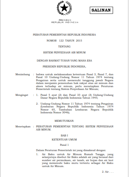 Peraturan Pemerintah Nomor 122 Tahun 2015 Penyediaan Air Minum